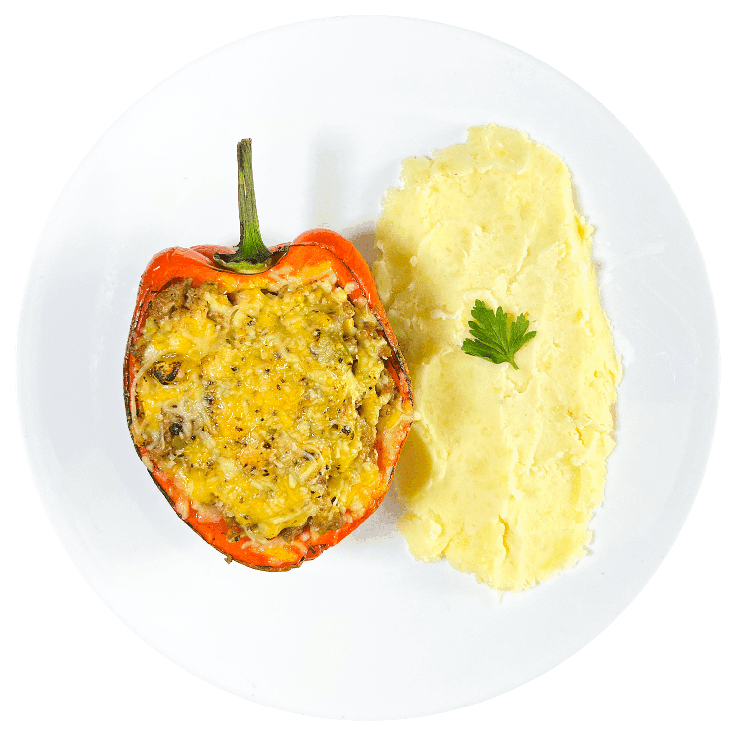 Pimientos rellenos de carne con puré de papa.