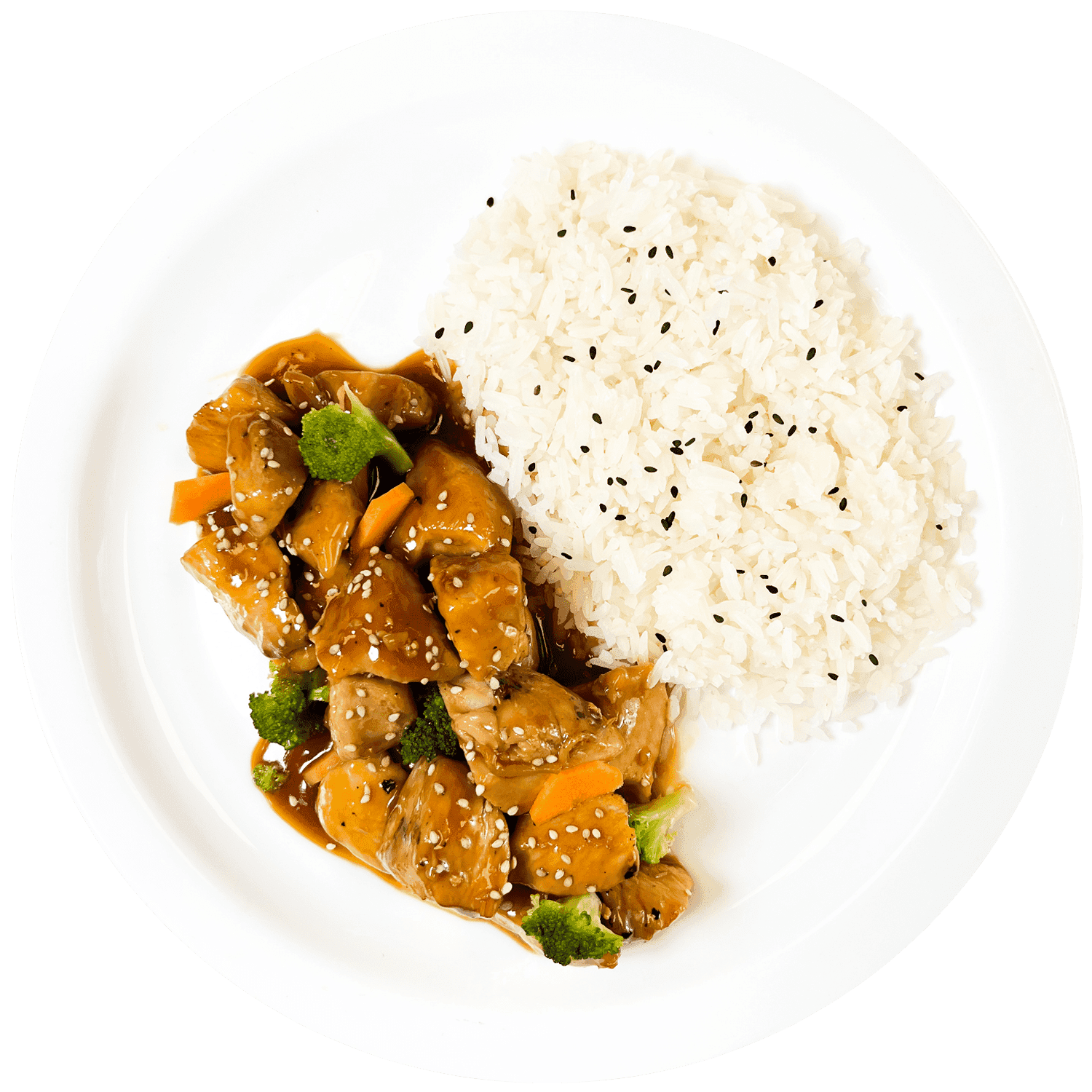 Pollo teriyaki con arroz blanco.