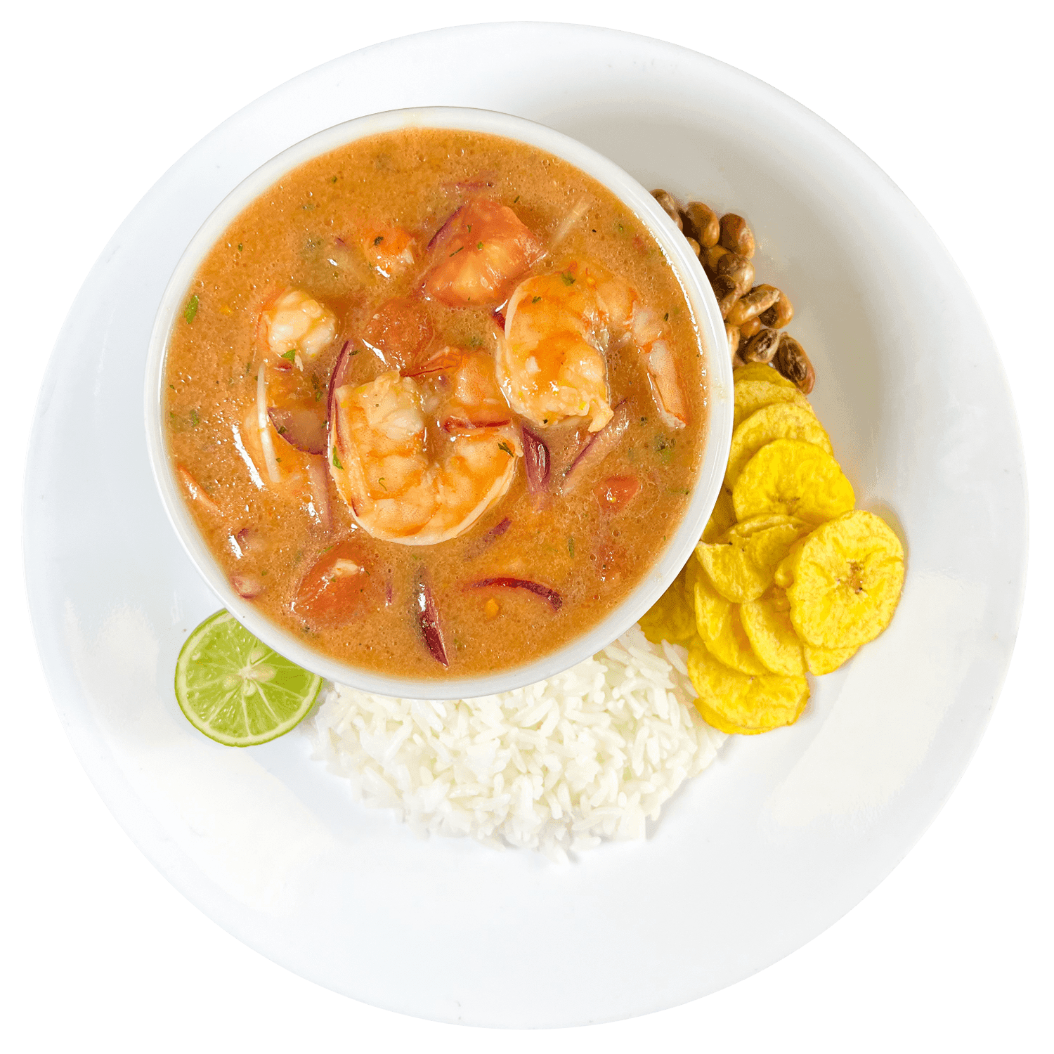 Ceviche de camarón con arroz blanco, chifle y canguil.