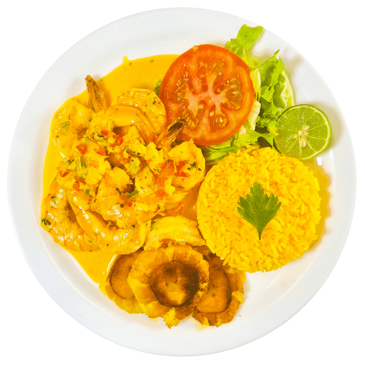 Camarones encocados con arroz amarillo y patacones.